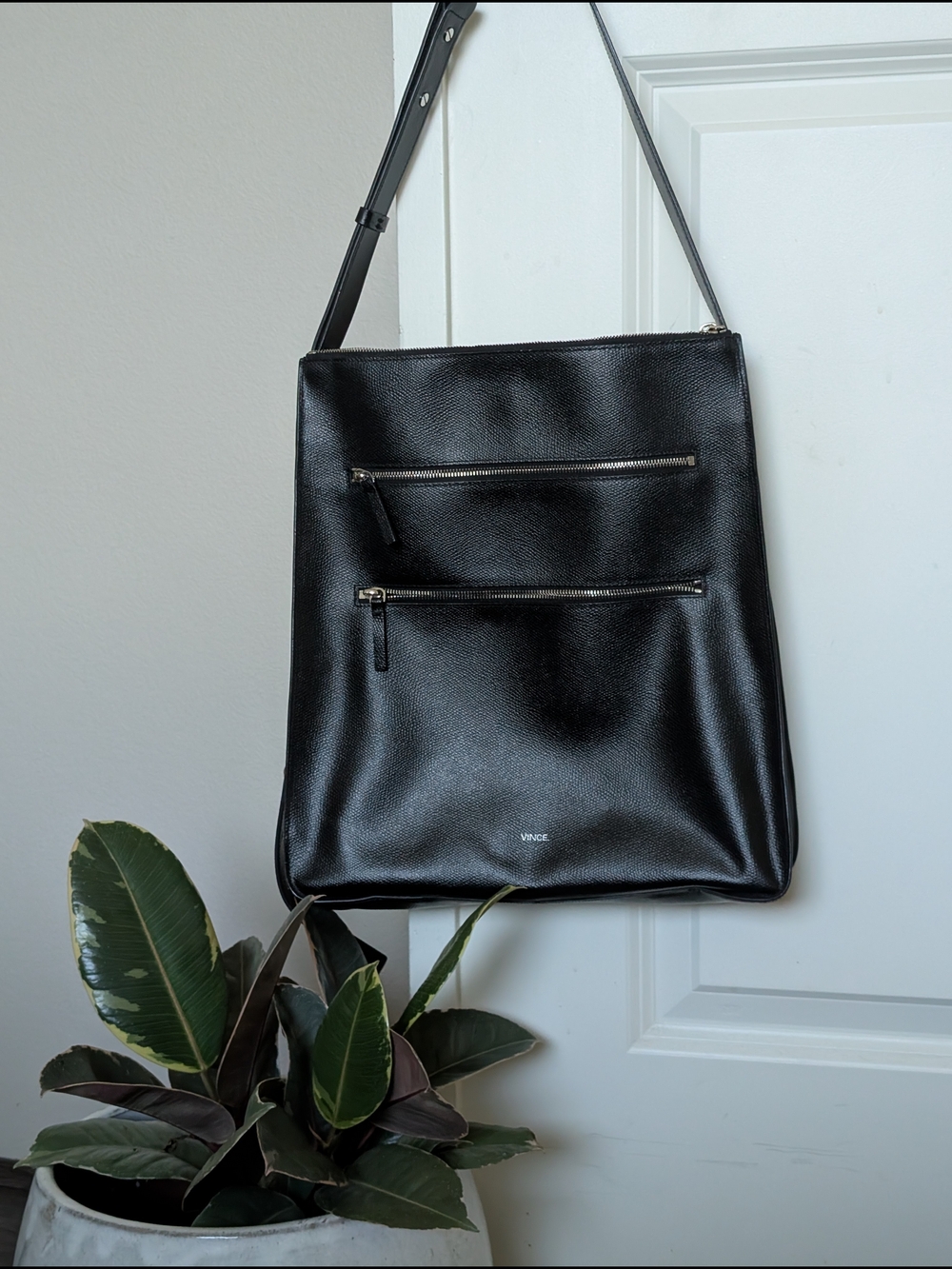 VINCE Black Pebbled Leather Crossbody Tote with Front Zippers